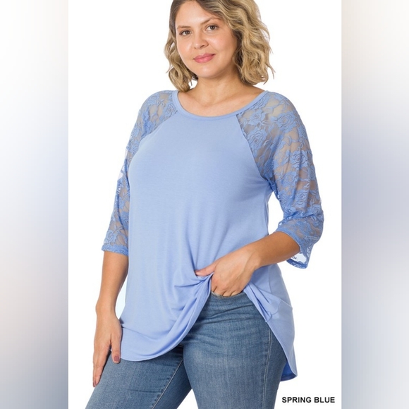 Tops - Spring Blue Women's Lace Sleeve Top